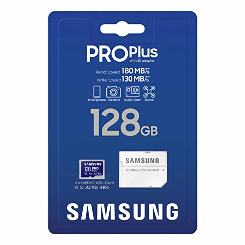 SAMSUNG PRO Plus microSD Memory Card + Adapter, 128GB MicroSDXC, Up to 180 MB/s, Full HD & 4K UHD, UHS-I, C10, U3, V30, A2 for Android Phones, Tablets, GoPRO, DJI Drone, MB-MD128SA/AM, 2023