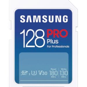 SAMSUNG PRO Plus Full Size 128GB SDXC Memory Card, Up to 180 MB/s, Full HD & 4K UHD, UHS-I, C10, U3, V30 for DSLR, Mirrorless Cameras, PCs, MB-SD128S/AM, 2023