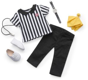 american girl truly me 18-inch doll referee outfit with corded whistle, wristwatch, and penalty flag, for ages 6+