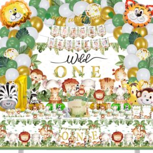 wild one party decorations, 150 pcs jungle animal party supplies decor for boy girl birthdays with banners cake topper cupcake topper cupcakes wrappers balloons backdrop tablecloth centerpieces