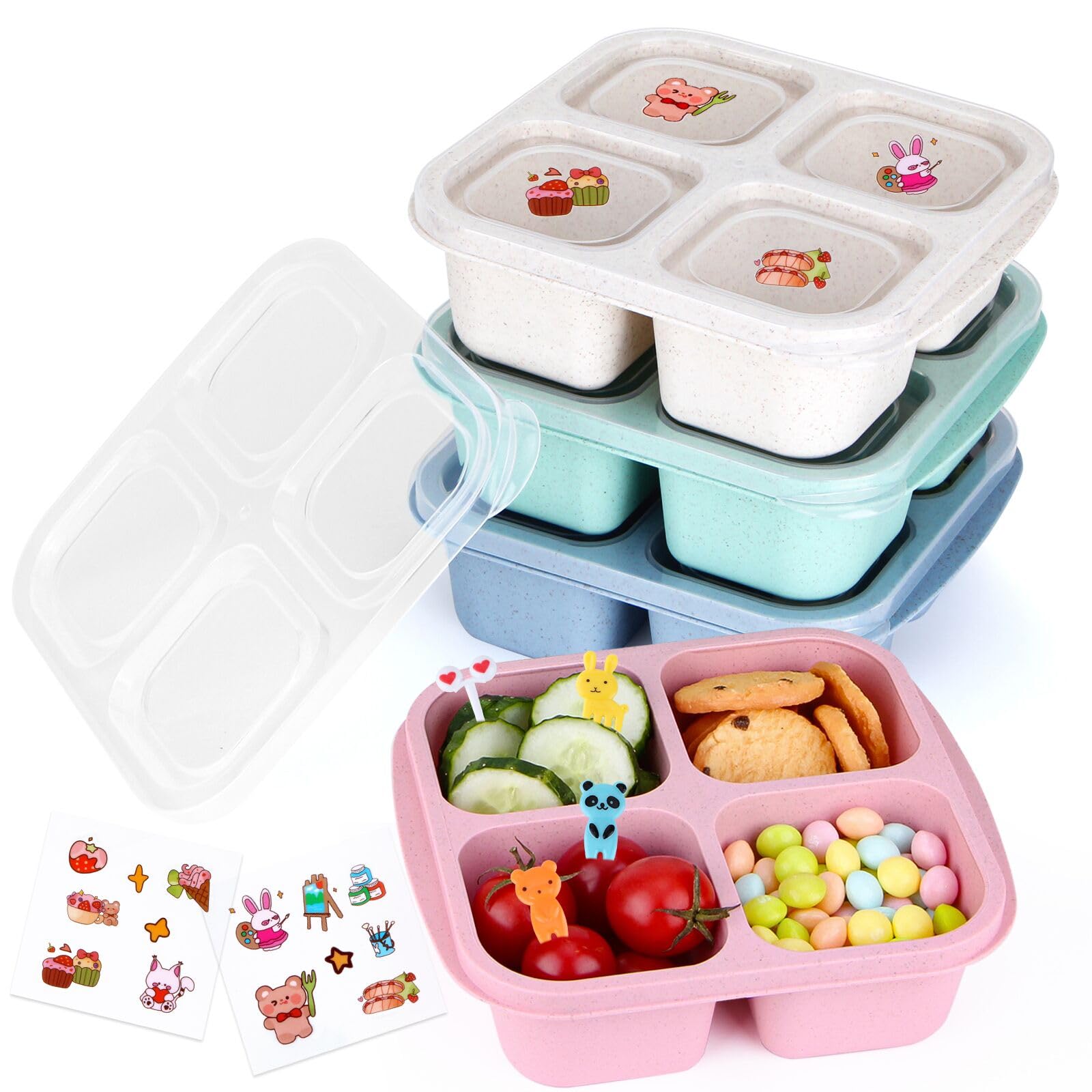 MaMix 4 Pack Snack Containers for Kids，4 Compartment Bento Snack Box，Snack Containers for Adults/Toddlers/, Reusable Lunch Containers Meal Prep Container for School Travel (wheat)