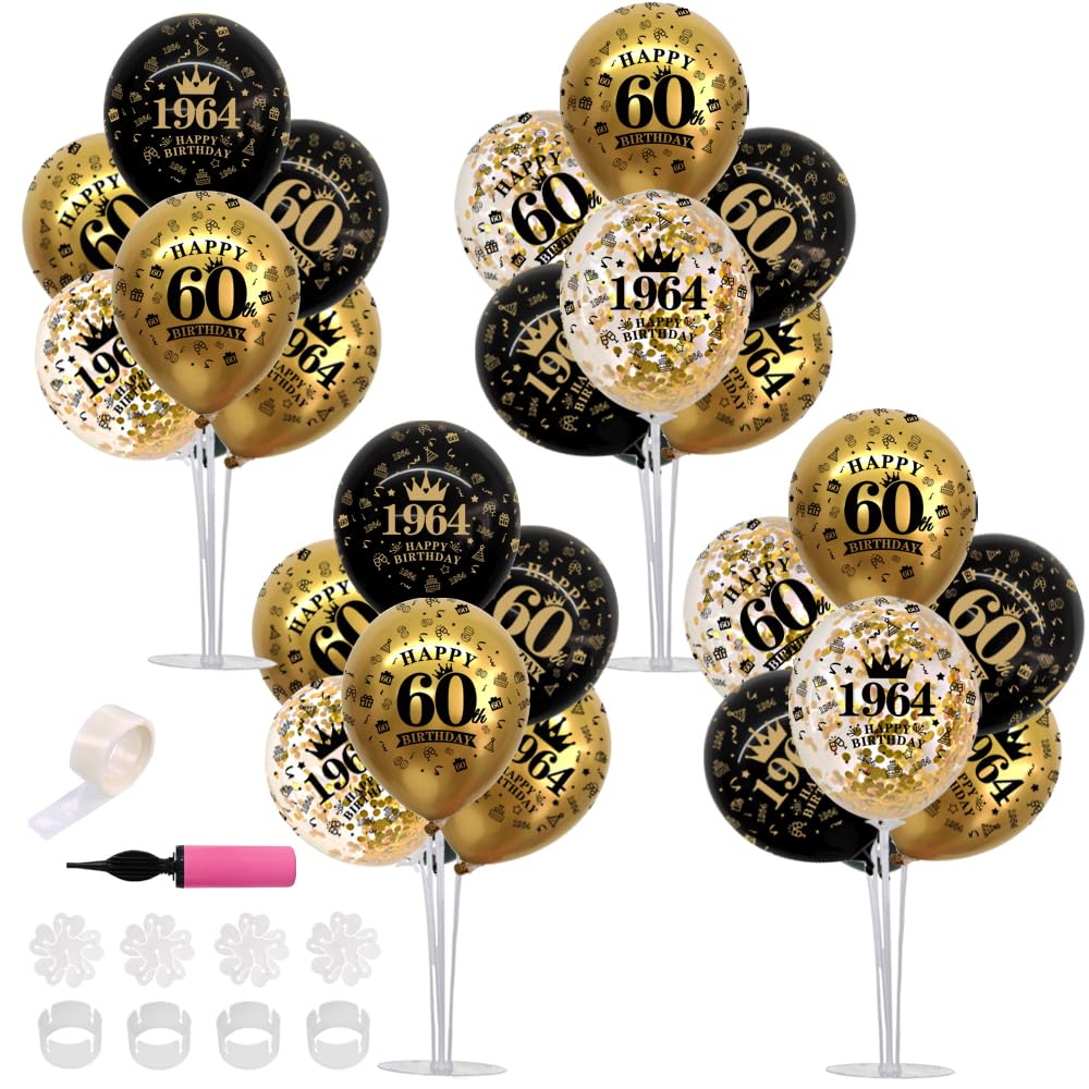 TONIFUL 60th Birthday Decorations Balloon Bouquet includes Black Gold Balloon Stand Centerpieces for Tables. Perfect for celebrating born in 1964. Cheers to 60 Years Birthday for Men and Women.（4Pcs）