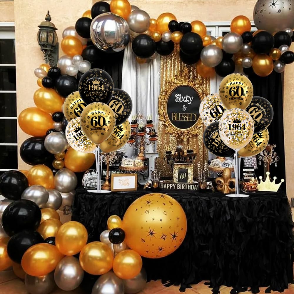 TONIFUL 60th Birthday Decorations Balloon Bouquet includes Black Gold Balloon Stand Centerpieces for Tables. Perfect for celebrating born in 1964. Cheers to 60 Years Birthday for Men and Women.（4Pcs）