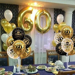 TONIFUL 60th Birthday Decorations Balloon Bouquet includes Black Gold Balloon Stand Centerpieces for Tables. Perfect for celebrating born in 1964. Cheers to 60 Years Birthday for Men and Women.（4Pcs）