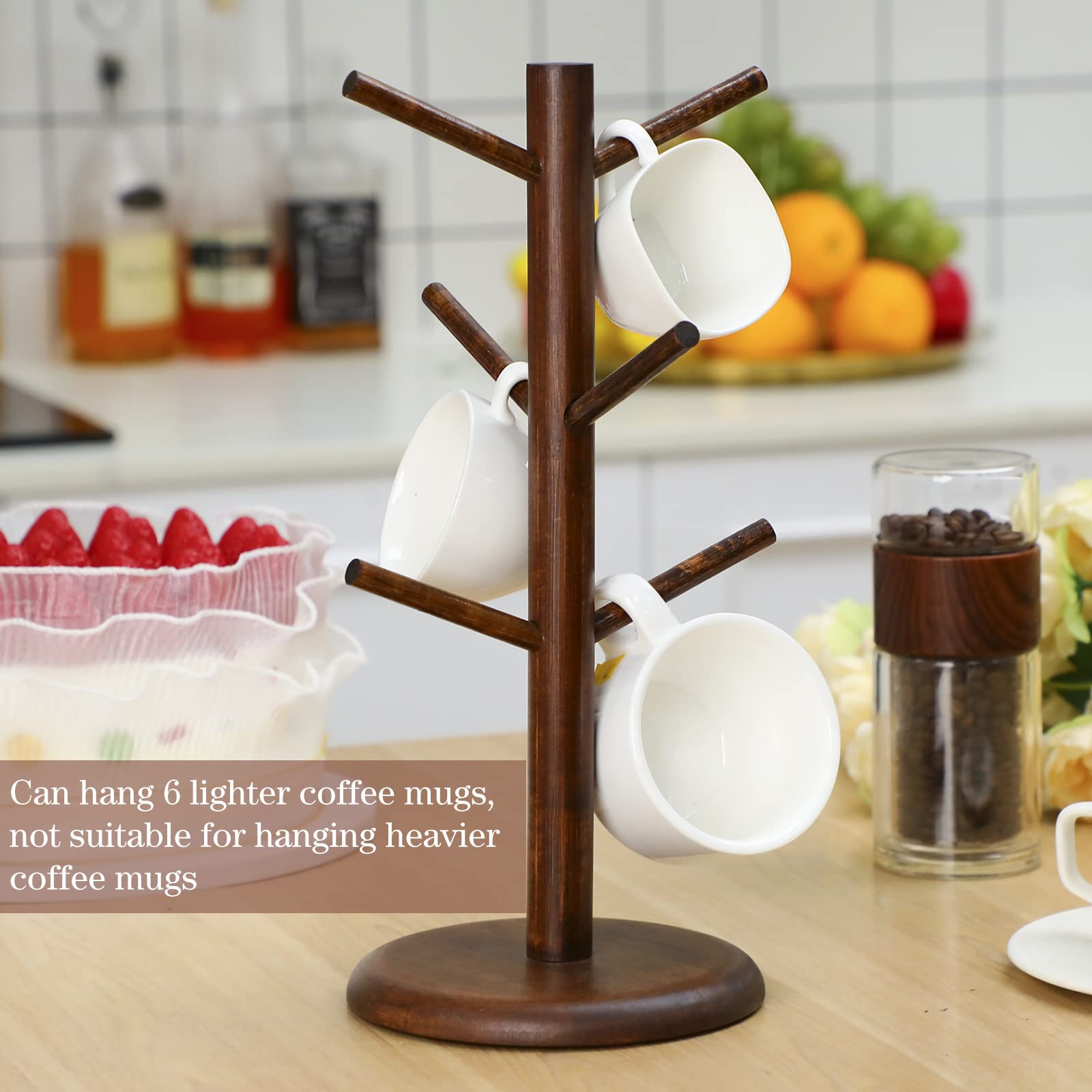 Patelai Coffee Mug Tree with 6 Hooks Wood Mug Holder Tree Mug Stand Hanger Kitchen Coffee Mug Tree Countertop Tea Cups Holder Stand 14 Inch Removable Mug Stands(Brown)