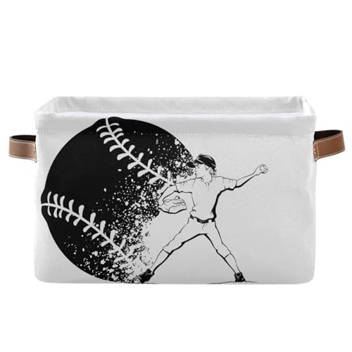 Sletend Baseball Sport Rectangular Storage Bin Foldable Sturdy Organizer Basket with Leather Handles for Organizing Home Office Nursery-1Pack