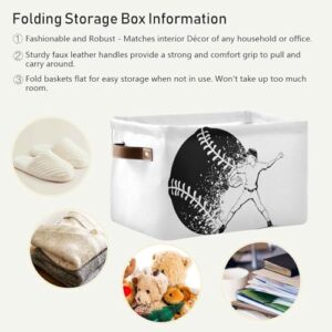 Sletend Baseball Sport Rectangular Storage Bin Foldable Sturdy Organizer Basket with Leather Handles for Organizing Home Office Nursery-1Pack