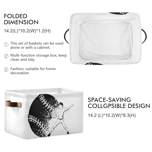 Sletend Baseball Sport Rectangular Storage Bin Foldable Sturdy Organizer Basket with Leather Handles for Organizing Home Office Nursery-1Pack