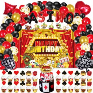 lxlucktim casino theme birthday party decorations, 144 pcs las vegas party decor supplies - backdrop, cake, and cupcake toppers, balloons, hanging swirls, cupcakes wrappers