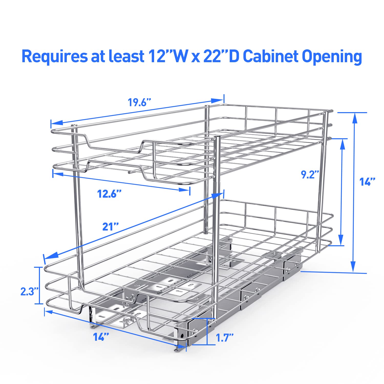 Lxmons 2 Tier Pull-Out Cabinet Organizer, 14" W x 21" D Kitchen Under Sink Organizer, Slide Out Home Spice Rack Storage for Pots and Cans, Drawer Pantry Shelf Organization for Bathroom Base, Chrome