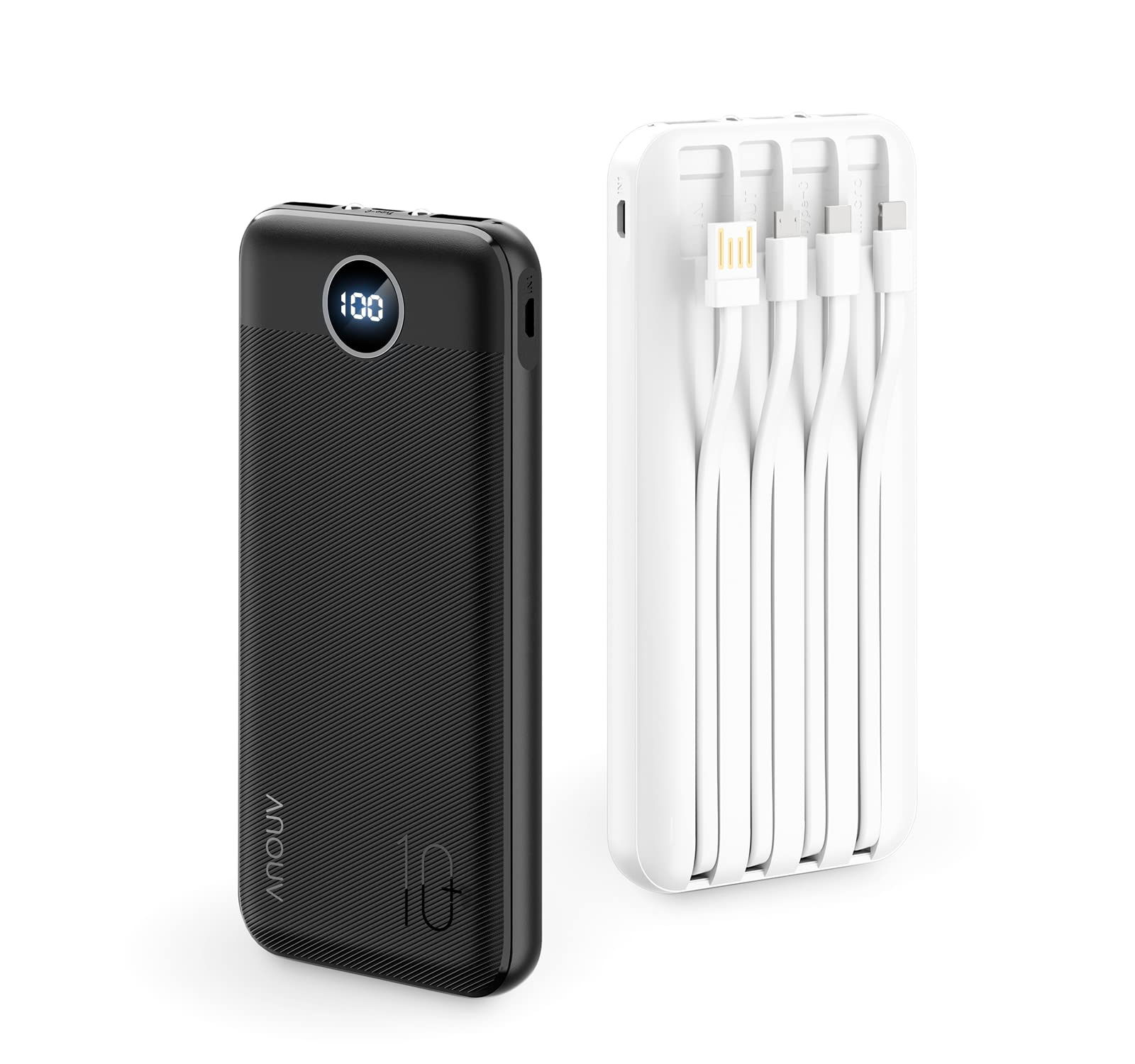 ANOUV 2-Pack Portable Charger with Built in Cables,10000mAh Slim USB C Power Bank,5 Output 3 Input 2 Flashlight LED Display External Battery Pack Compatible with Cell Phone and Most Smart Devices