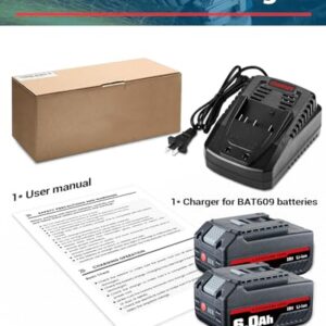 2Pack BAT609 6000mAh 18V Battery and Charger Kit Replacement for Bosch 18 Volt Battery Li-ion Compatible with Bosch 18v Battery & Charger Combo Starter Kit BAT609G BAT610G BAT611 BAT612 BAT618 BAT618G