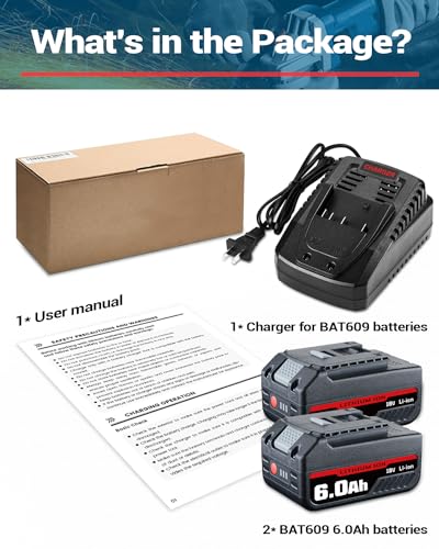 2Pack BAT609 6000mAh 18V Battery and Charger Kit Replacement for Bosch 18 Volt Battery Li-ion Compatible with Bosch 18v Battery & Charger Combo Starter Kit BAT609G BAT610G BAT611 BAT612 BAT618 BAT618G