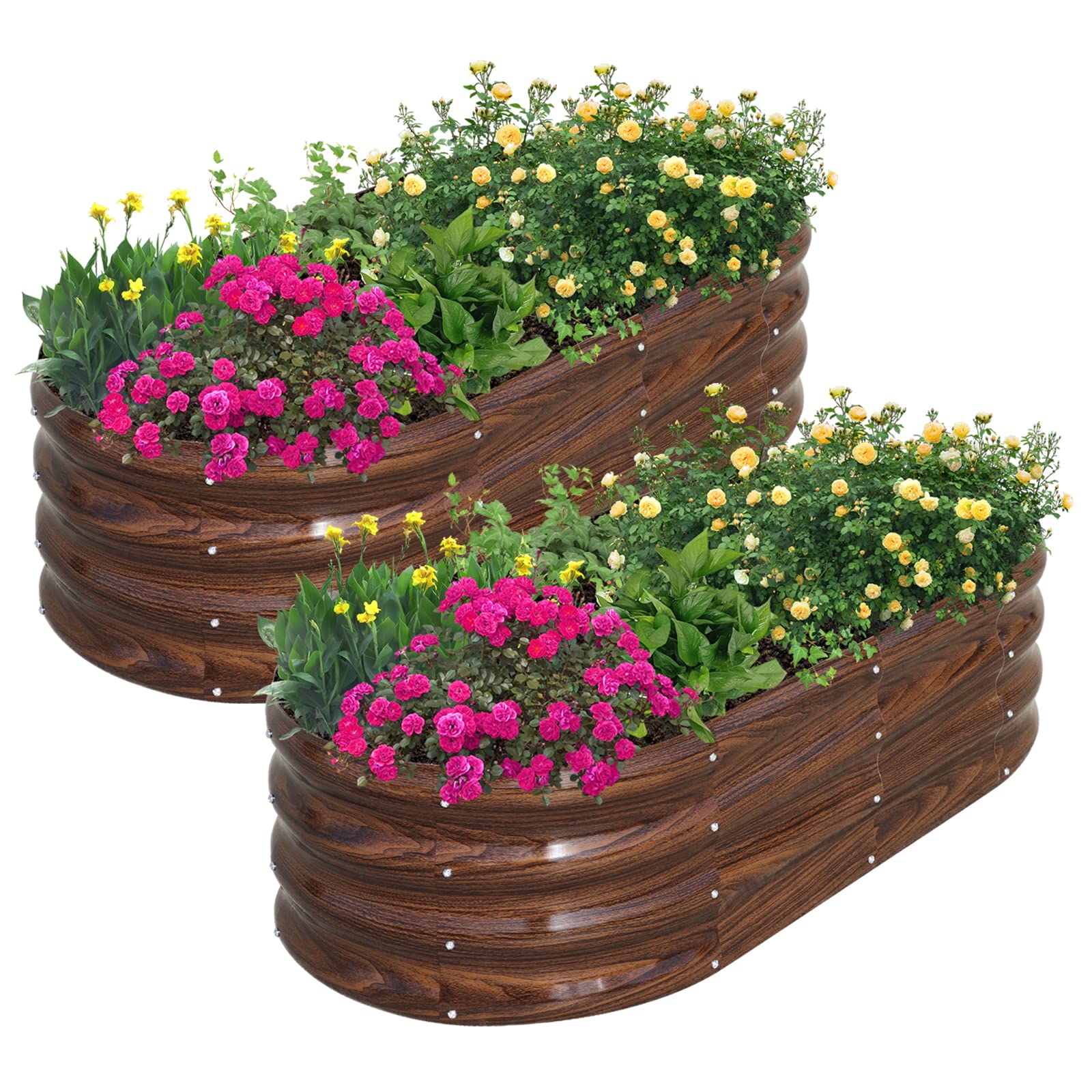 SnugNiture Galvanized Raised Garden Bed Outdoor, 2 Pcs 4x2x1ft Oval Metal Planter Box for Planting Plants Vegetables, Brown