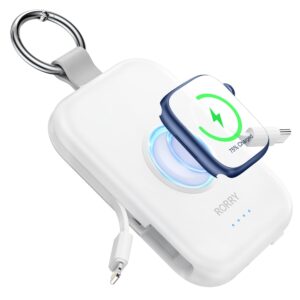 rorry portable apple watch charger,5000mah iwatch wireless charger power bank with built-in cable,travel keychain charger for apple watch 9/ultra2/8/ultra/7/6/se/5/4/3,iphone 15/14/13/12/11 (white)