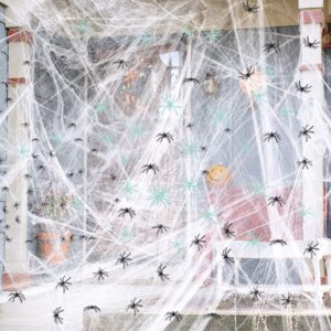 300 sqft halloween spider web decorations, with 10 glow in the dark+10 black fake scary spiders, super stretch cobwebs creepy halloween indoor outdoor office party supplies (300 sqft web+20 spider)