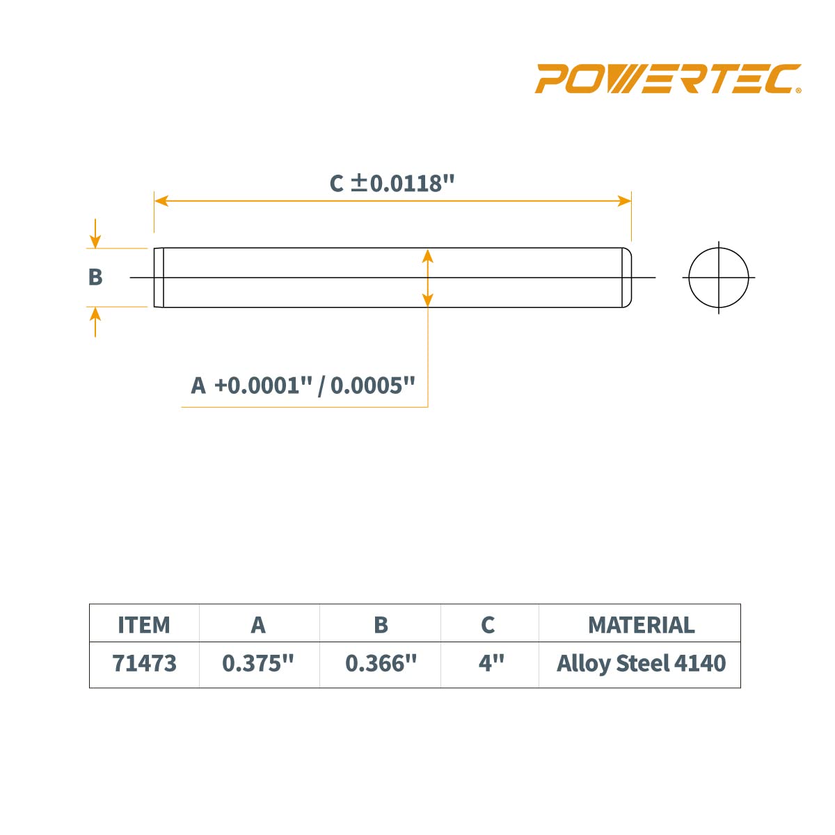 POWERTEC 71473-P2 Hardened Steel Dowel Pins 3/8" x 4" Long | Heat Treated and Precisely Shaped for Accurate Alignment – 8 Pack