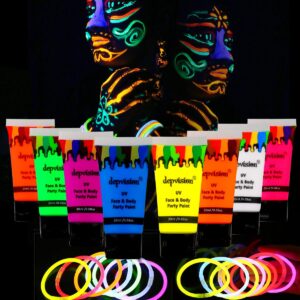 depvision glow in the dark uv face and body paint 8 x 20 ml (0.68 fl oz) neon blacklight reactive fluorescent for christmas halloween party non-toxic