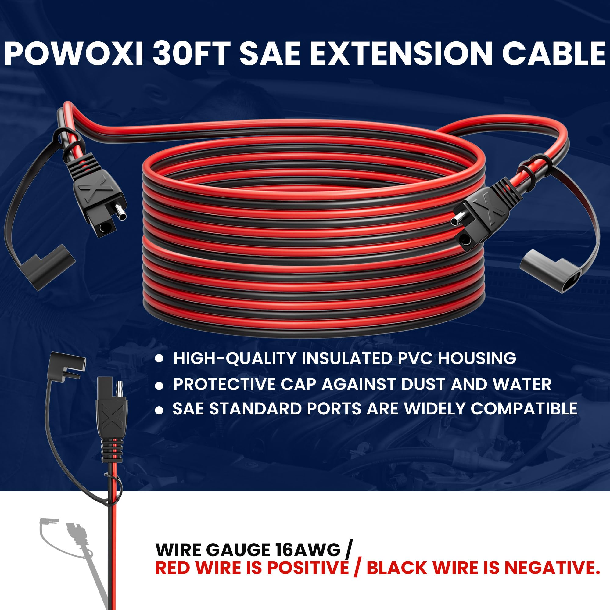 POWOXI 30FT SAE Extension Cable 16 AWG Quick Disconnect Wire Harness SAE to SAE Connector for Solar Panel Wire Battery Automotive RV Motorcycle Tractor