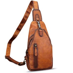 feigitor genuine leather sling bag retro crossbody sling backpack handmade chest shoulder bag daypack purse fanny pack (brown)