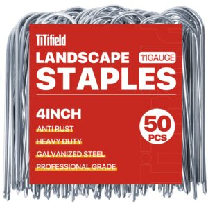 titifield u shape garden stakes 50 packs 4 inch 11 gauge irrigation tubing stakes, heavy duty galvanized landscape staples for tube, lawns, landscape fabrics,irrigation hose and weed barriers