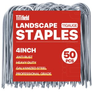 TiTifield U Shape Garden Stakes 50 Packs 4 Inch 11 Gauge Irrigation Tubing Stakes, Heavy Duty Galvanized Landscape Staples for Tube, Lawns, Landscape Fabrics,Irrigation Hose and Weed Barriers