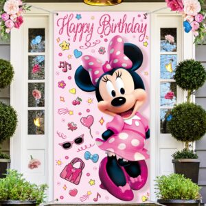 36x72inch Cute Cartoon Mouse Door Cover Banner Kids Hot Pink Mouse Birthday Party Porch Sign Decor Girls Happy Birthday Party Gift Supplies Decorations