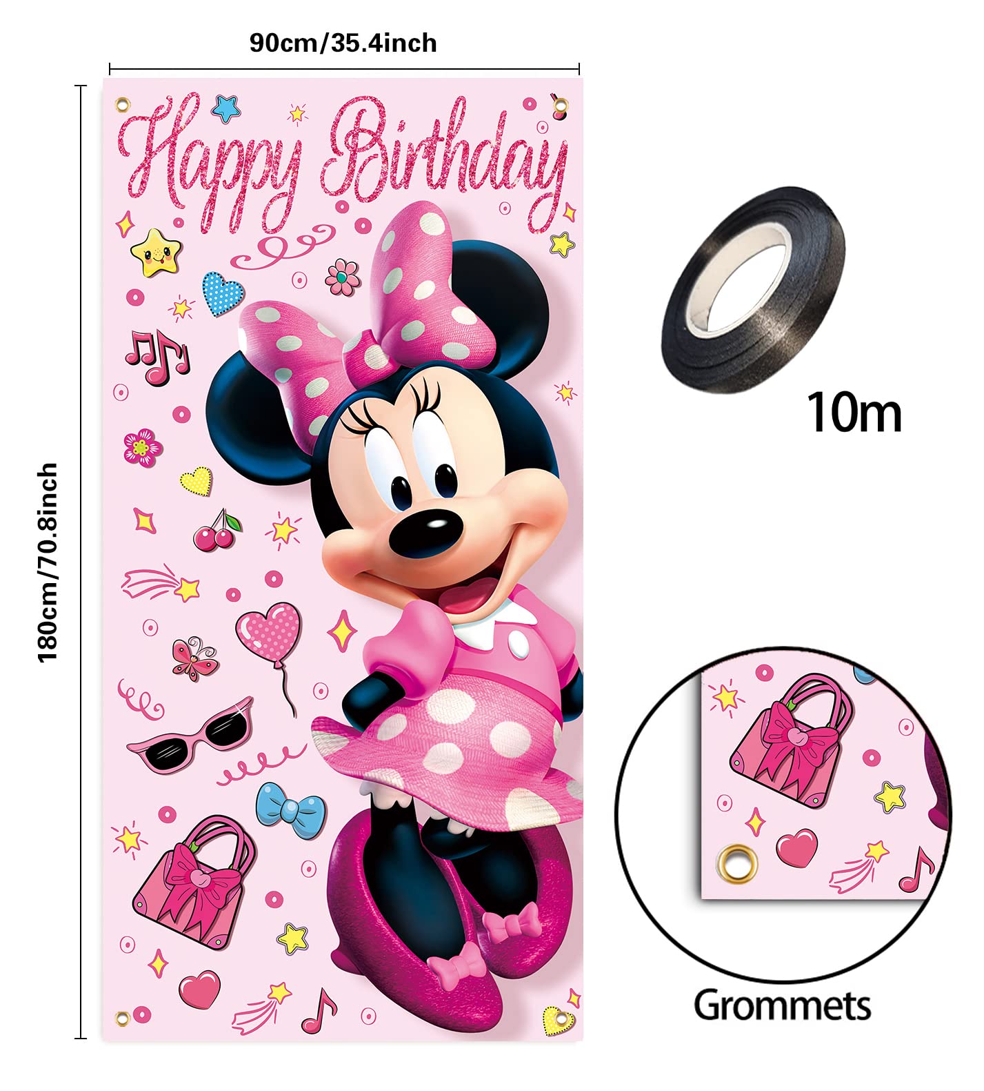 36x72inch Cute Cartoon Mouse Door Cover Banner Kids Hot Pink Mouse Birthday Party Porch Sign Decor Girls Happy Birthday Party Gift Supplies Decorations