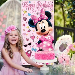 36x72inch Cute Cartoon Mouse Door Cover Banner Kids Hot Pink Mouse Birthday Party Porch Sign Decor Girls Happy Birthday Party Gift Supplies Decorations