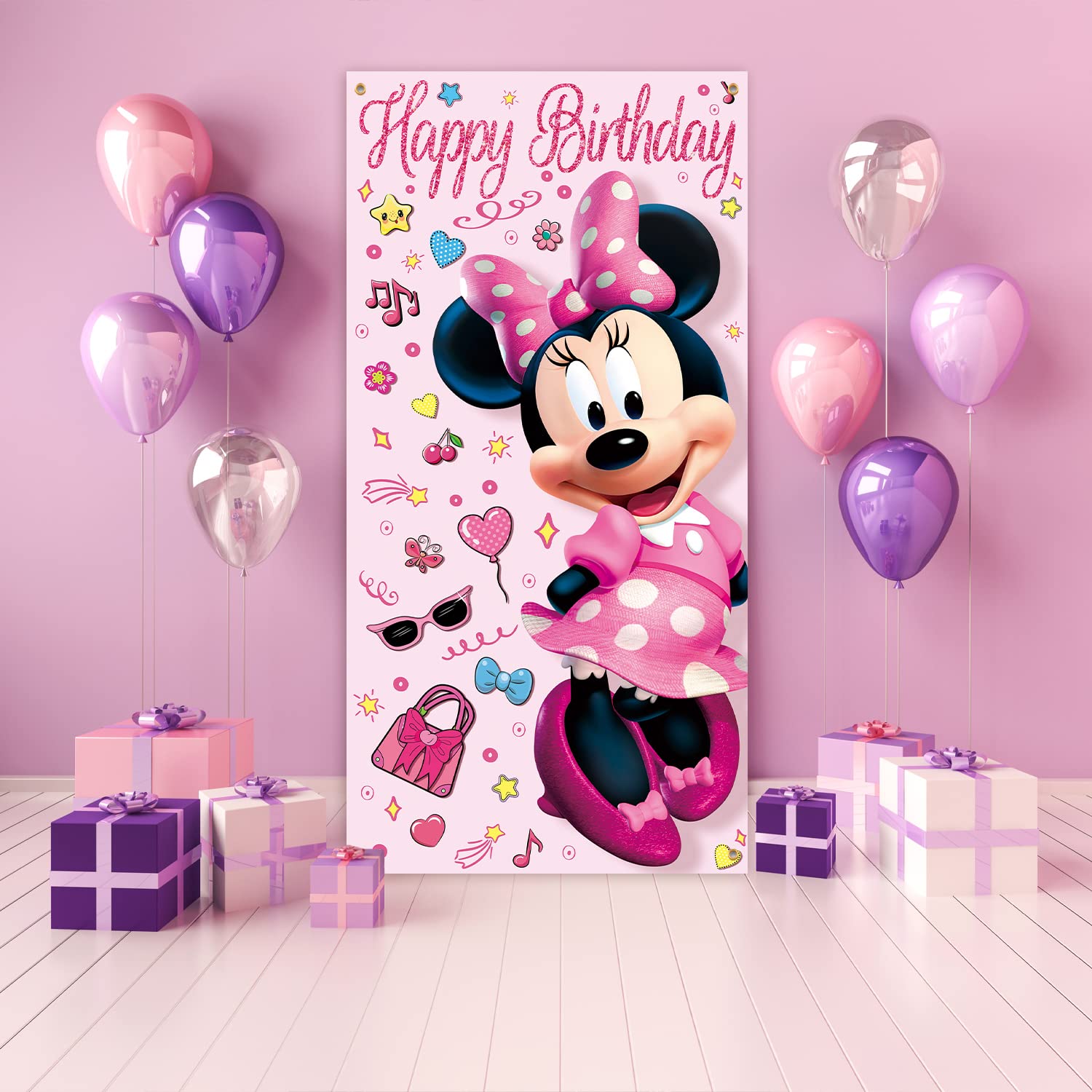 36x72inch Cute Cartoon Mouse Door Cover Banner Kids Hot Pink Mouse Birthday Party Porch Sign Decor Girls Happy Birthday Party Gift Supplies Decorations