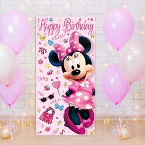 36x72inch Cute Cartoon Mouse Door Cover Banner Kids Hot Pink Mouse Birthday Party Porch Sign Decor Girls Happy Birthday Party Gift Supplies Decorations