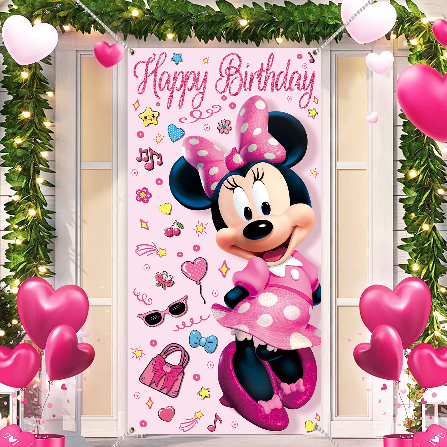 36x72inch Cute Cartoon Mouse Door Cover Banner Kids Hot Pink Mouse Birthday Party Porch Sign Decor Girls Happy Birthday Party Gift Supplies Decorations