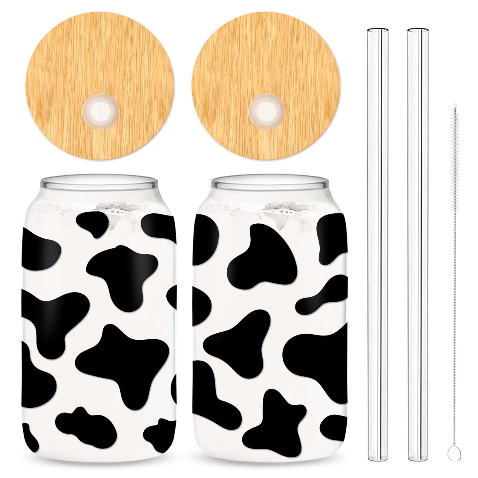 Whaline 2 Pack Cow Drinking Glasses 16oz Cow Print Glasses Cup Cute Cow Ice Coffee Cup with Bamboo Lids Glass Straw Cleaning Brushes for Cocktails Whiskey Beer Soda Gifts