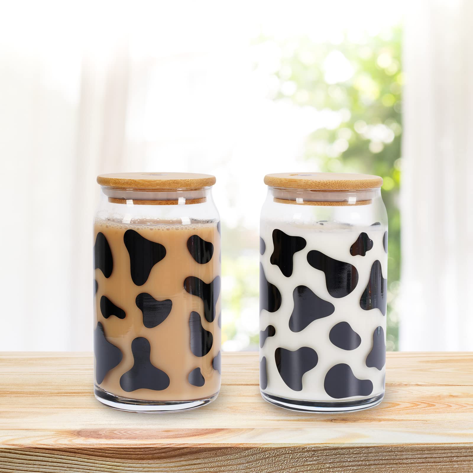 Whaline 2 Pack Cow Drinking Glasses 16oz Cow Print Glasses Cup Cute Cow Ice Coffee Cup with Bamboo Lids Glass Straw Cleaning Brushes for Cocktails Whiskey Beer Soda Gifts