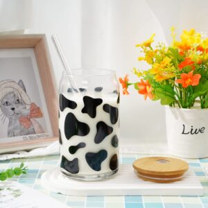 Whaline 2 Pack Cow Drinking Glasses 16oz Cow Print Glasses Cup Cute Cow Ice Coffee Cup with Bamboo Lids Glass Straw Cleaning Brushes for Cocktails Whiskey Beer Soda Gifts