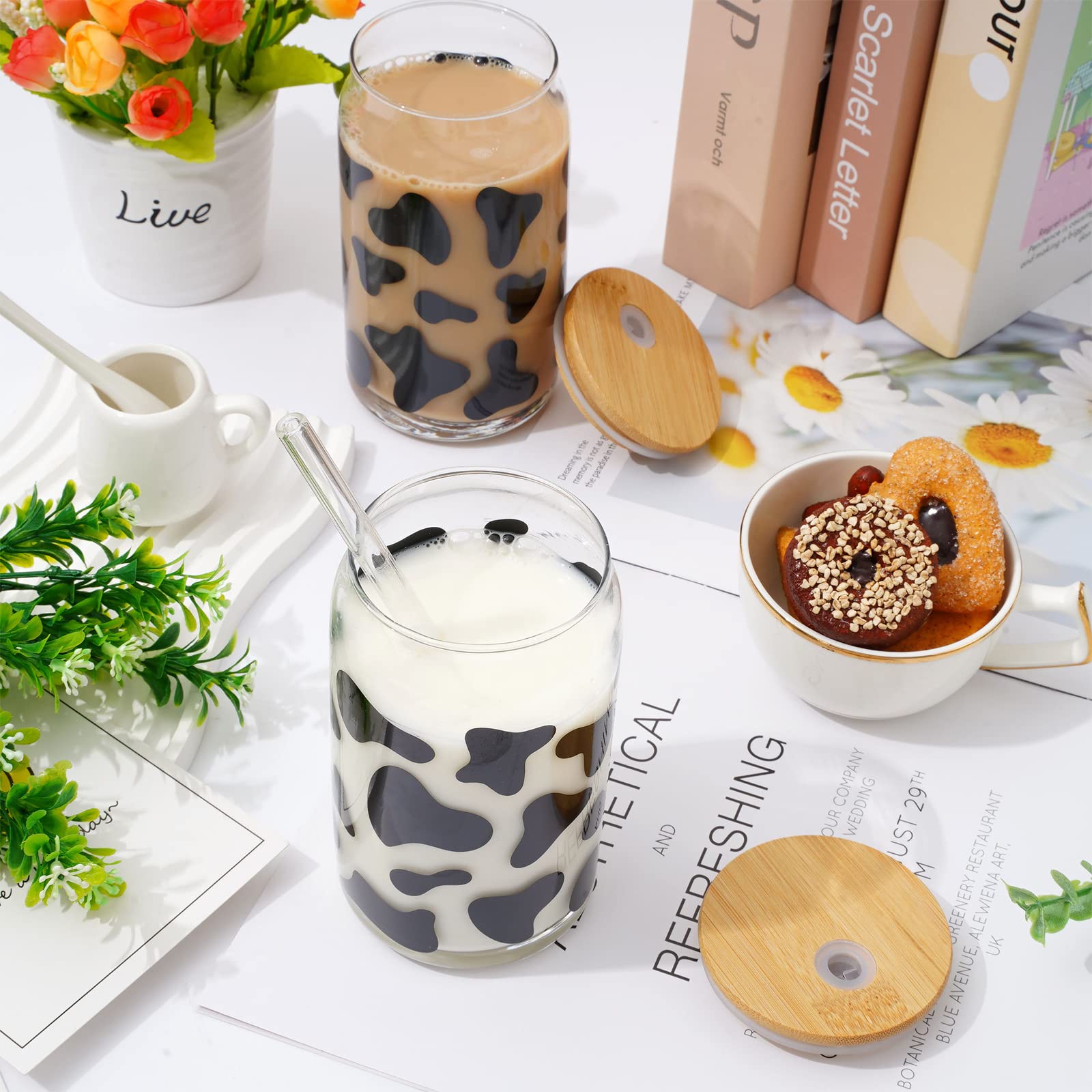 Whaline 2 Pack Cow Drinking Glasses 16oz Cow Print Glasses Cup Cute Cow Ice Coffee Cup with Bamboo Lids Glass Straw Cleaning Brushes for Cocktails Whiskey Beer Soda Gifts