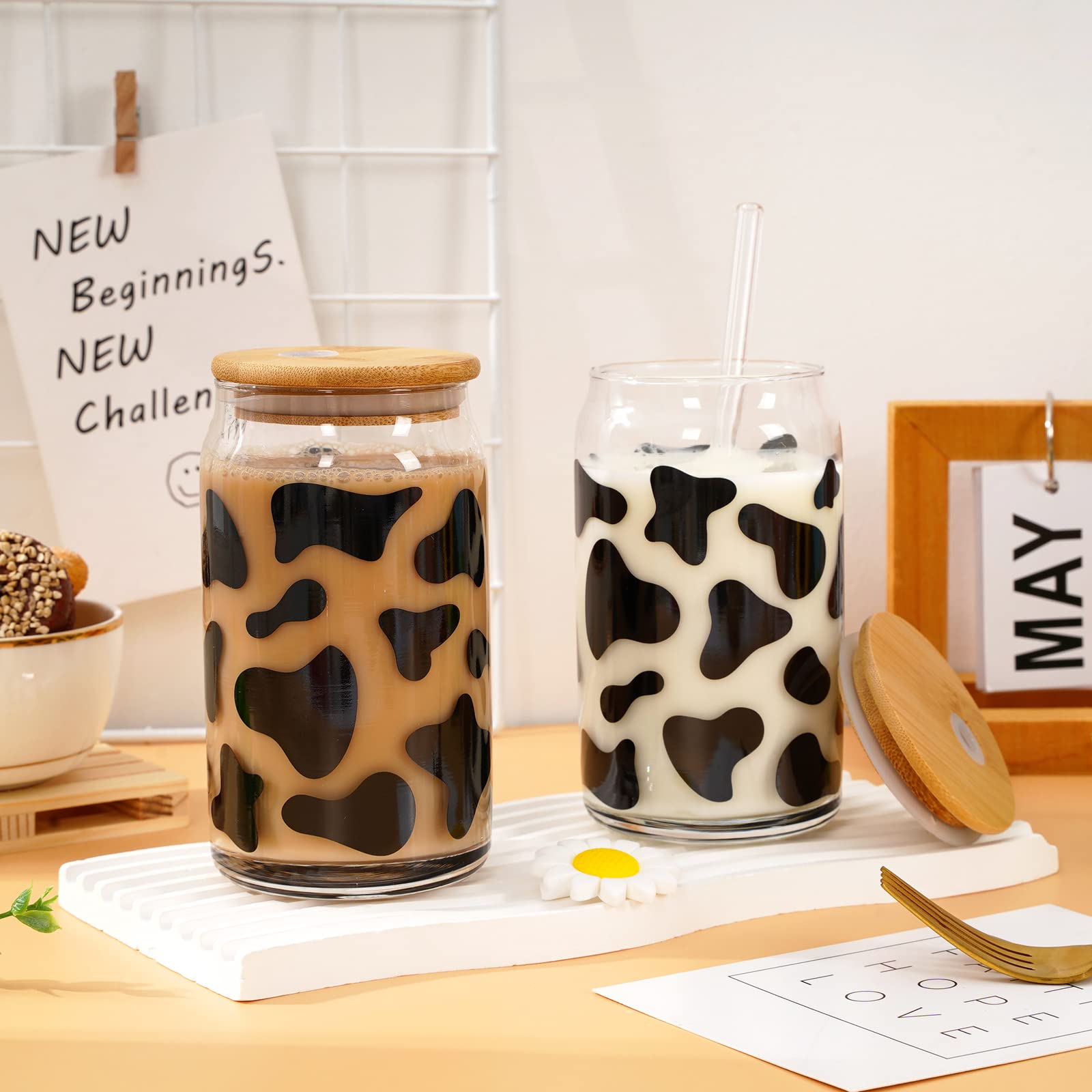 Whaline 2 Pack Cow Drinking Glasses 16oz Cow Print Glasses Cup Cute Cow Ice Coffee Cup with Bamboo Lids Glass Straw Cleaning Brushes for Cocktails Whiskey Beer Soda Gifts