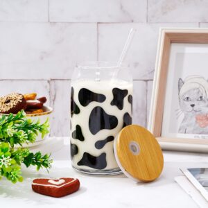 Whaline 2 Pack Cow Drinking Glasses 16oz Cow Print Glasses Cup Cute Cow Ice Coffee Cup with Bamboo Lids Glass Straw Cleaning Brushes for Cocktails Whiskey Beer Soda Gifts