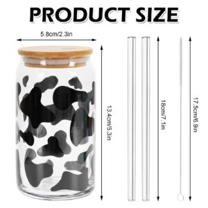 Whaline 2 Pack Cow Drinking Glasses 16oz Cow Print Glasses Cup Cute Cow Ice Coffee Cup with Bamboo Lids Glass Straw Cleaning Brushes for Cocktails Whiskey Beer Soda Gifts