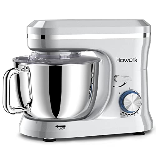 HOWORK Electric Stand Mixer,10+p Speeds With 6.5QT Stainless Steel Bowl,Dough Hook, Wire Whip & Beater,for Most Home Cooks,Silver