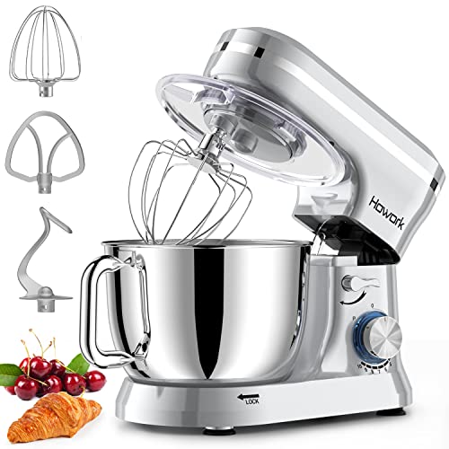 HOWORK Electric Stand Mixer,10+p Speeds With 6.5QT Stainless Steel Bowl,Dough Hook, Wire Whip & Beater,for Most Home Cooks,Silver