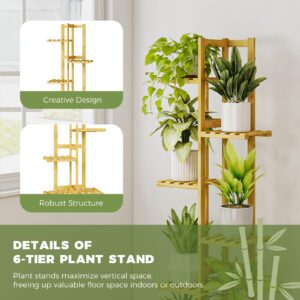 Bamworld Bamboo Plant Stand Indoor, 6 Tier Tall Plant Shelf for Multiple Plants, Tiered Corner Flower Stand for Window Garden Balcony Home Decor Living Room Bedroom