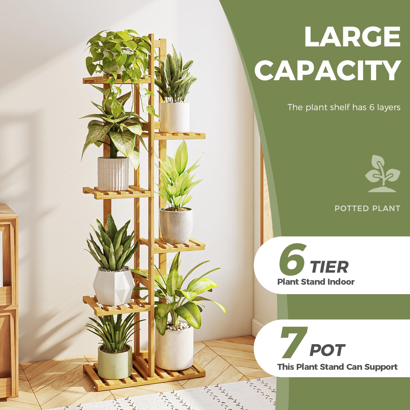 Bamworld Bamboo Plant Stand Indoor, 6 Tier Tall Plant Shelf for Multiple Plants, Tiered Corner Flower Stand for Window Garden Balcony Home Decor Living Room Bedroom