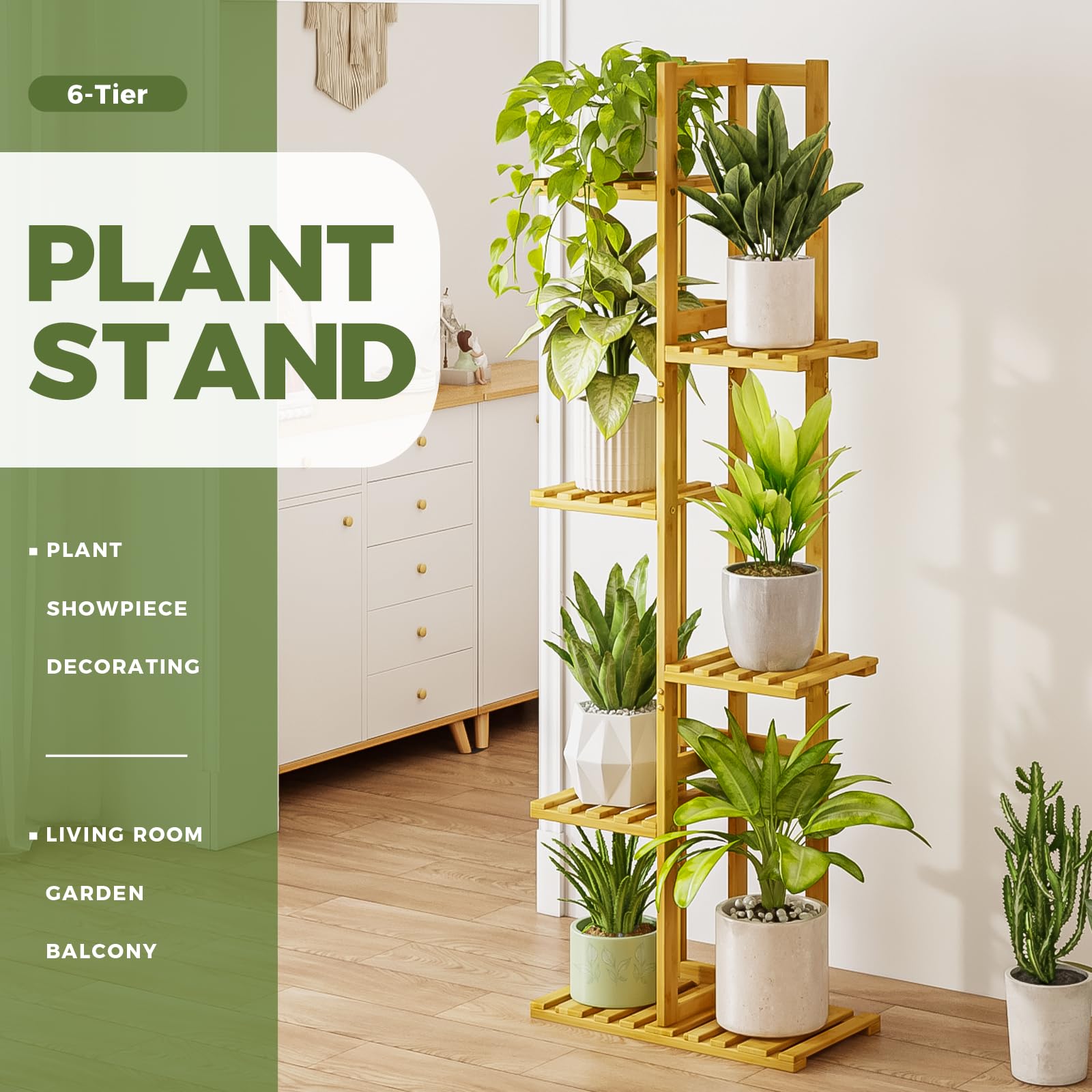 Bamworld Bamboo Plant Stand Indoor, 6 Tier Tall Plant Shelf for Multiple Plants, Tiered Corner Flower Stand for Window Garden Balcony Home Decor Living Room Bedroom