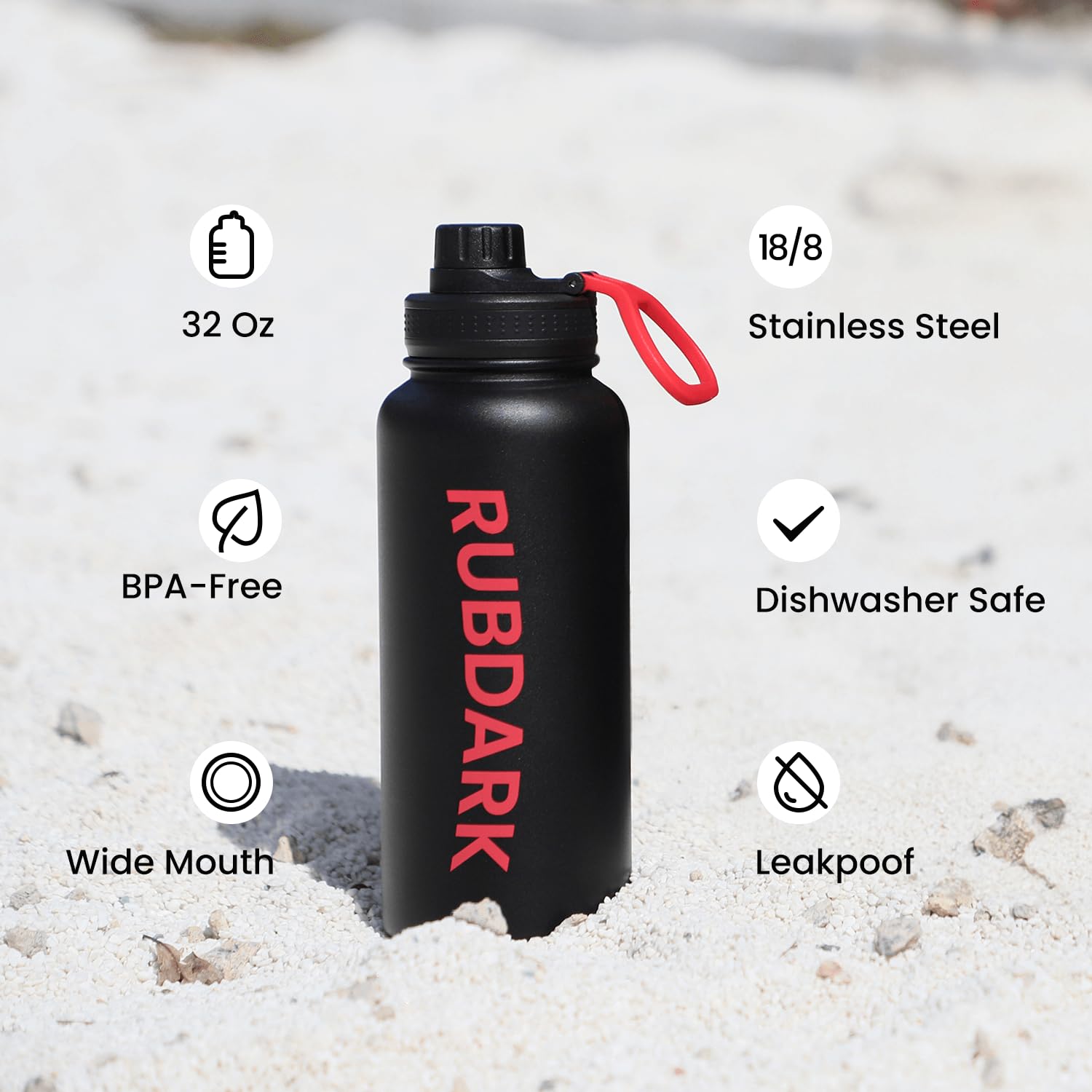 RUBDARK Insulated Water Bottles, 32 Oz Wide Mouth Double Vacuum Stainless Steel Water Flask,Leakproof Thermos Metal Water Bottle,Reusable for School,Travel, Camping, Bike, Sports (Gift box)