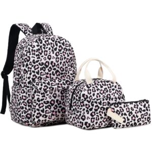 mimfutu leopard school backpack for teen girls, 3-in-1 kids backpack bookbag set school bags with lunch box pencil case