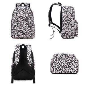 Mimfutu Leopard School Backpack for Teen Girls, 3-in-1 Kids Backpack Bookbag Set School Bags with Lunch Box Pencil Case