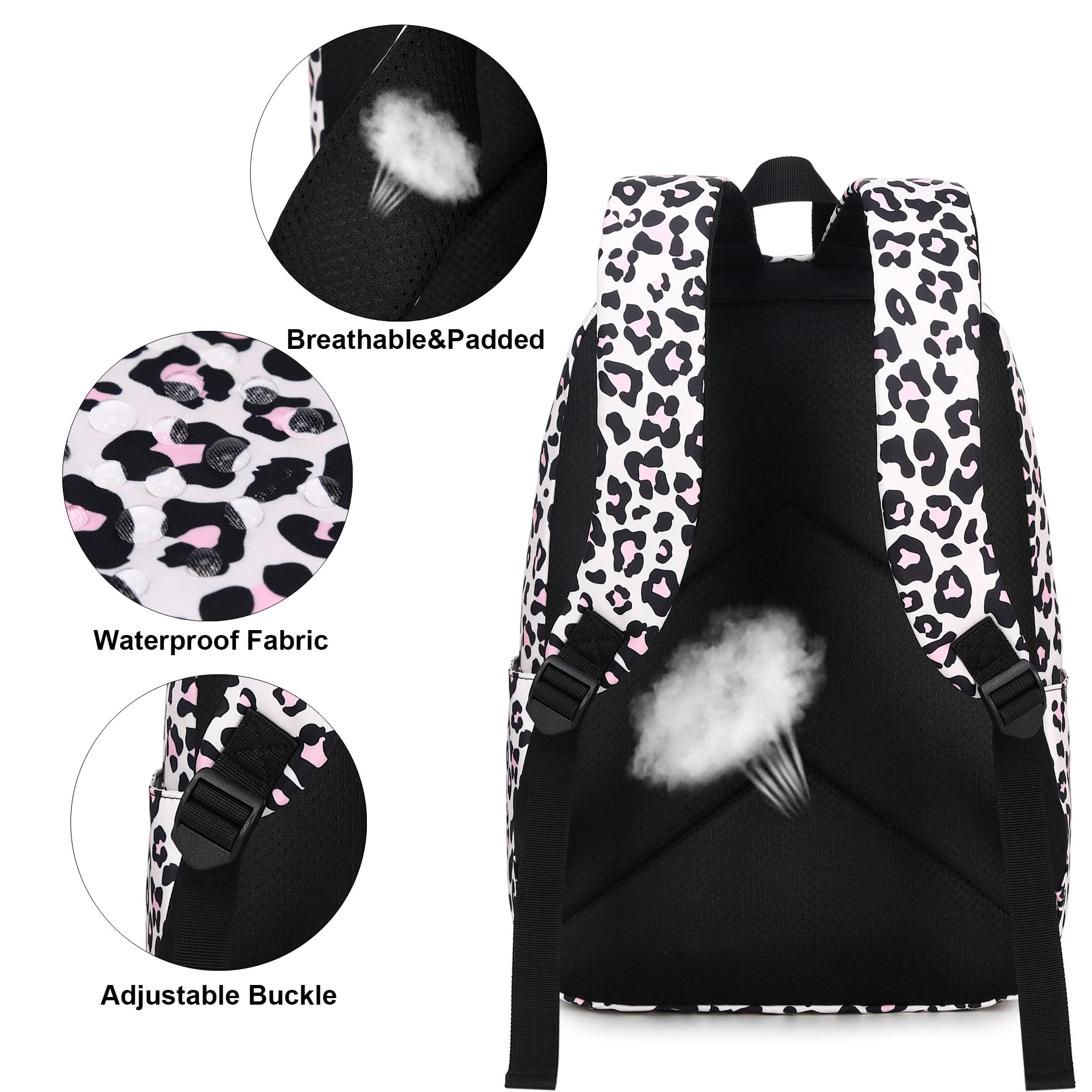 Mimfutu Leopard School Backpack for Teen Girls, 3-in-1 Kids Backpack Bookbag Set School Bags with Lunch Box Pencil Case