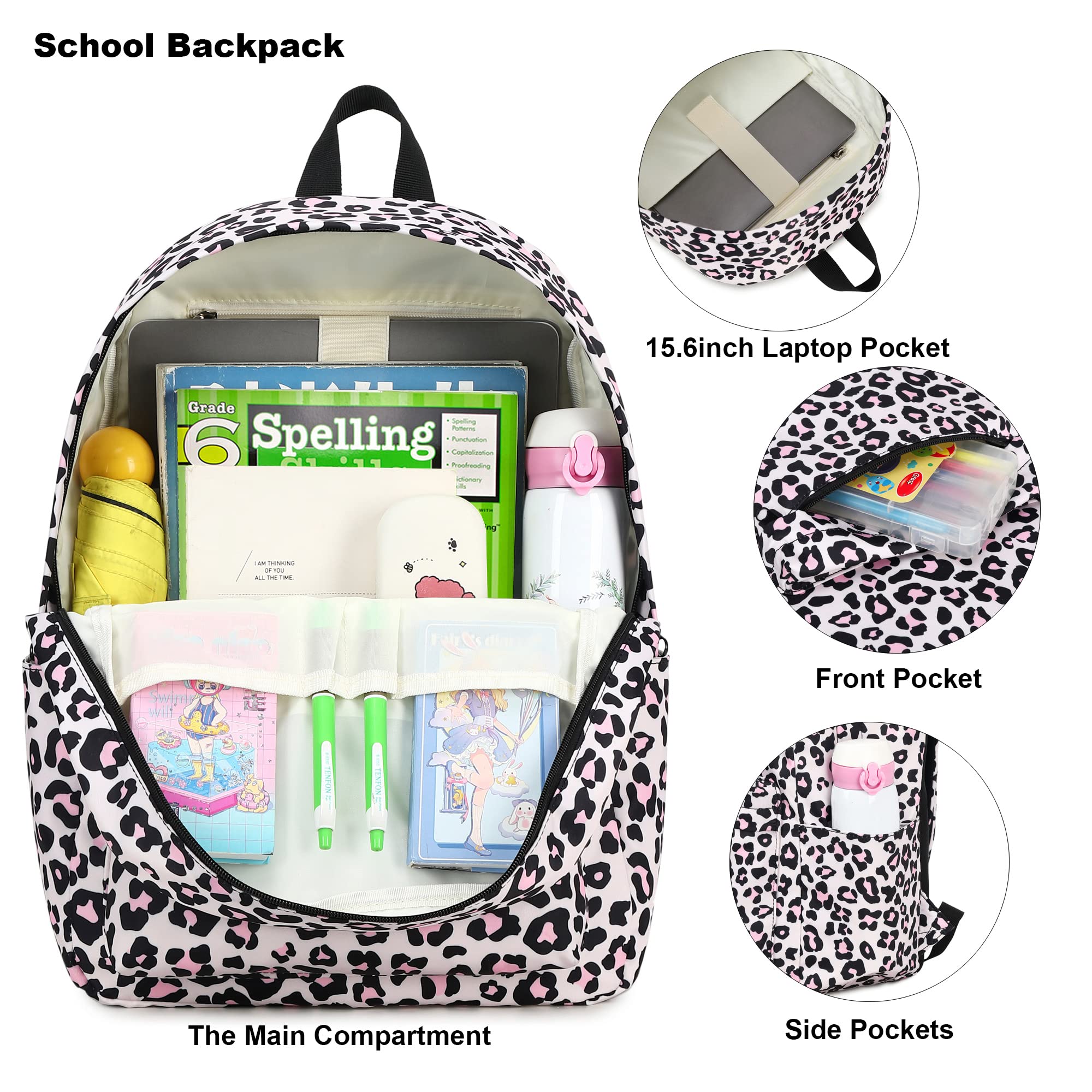 Mimfutu Leopard School Backpack for Teen Girls, 3-in-1 Kids Backpack Bookbag Set School Bags with Lunch Box Pencil Case