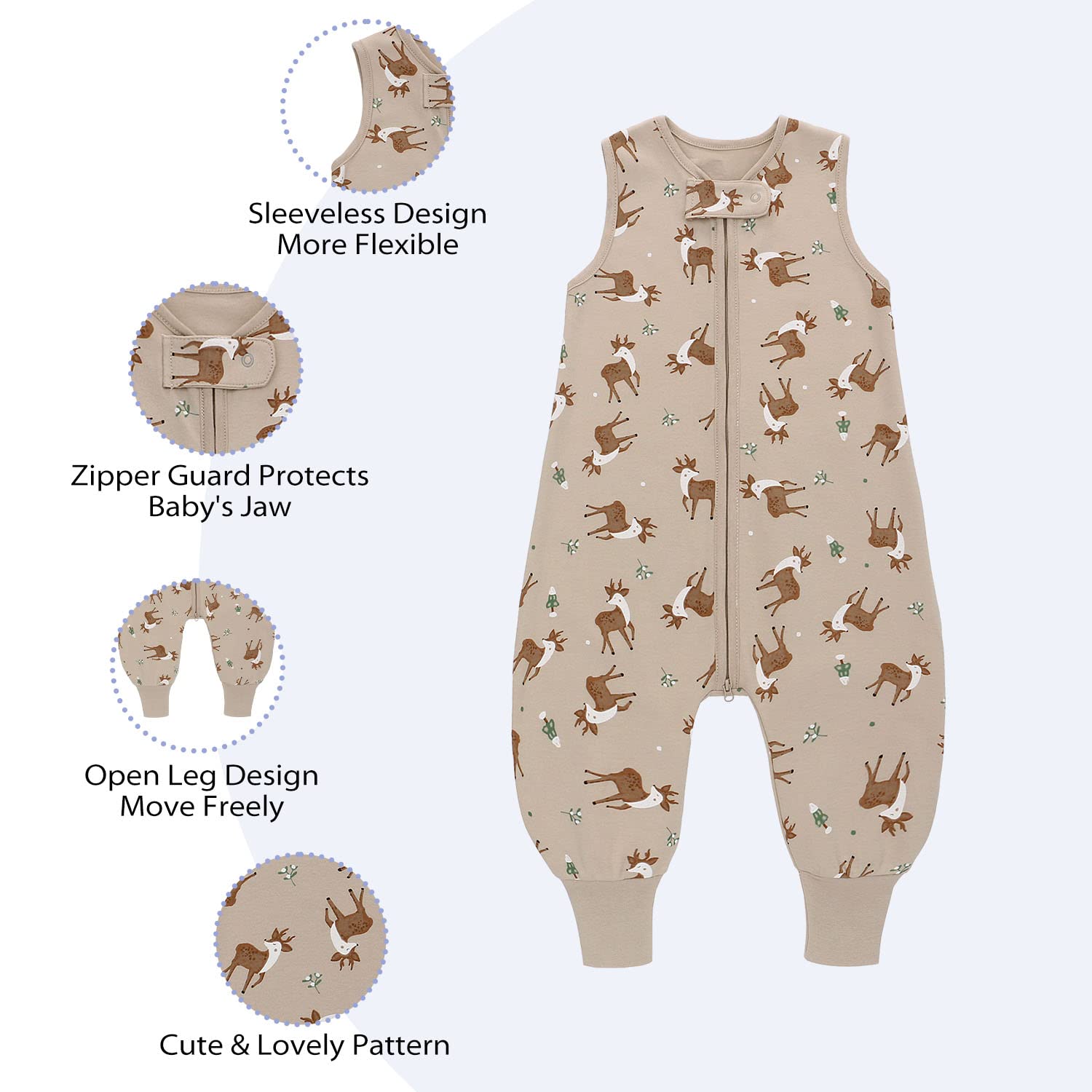 Baby Sleep Sack with Legs, TOG 0.5 Sleeveless Baby Sleeping Bag, Soft Footless Wearable Blanket Baby, 100% Cotton Sleeper Sack for Toddler Baby Boys Girls(Apricot, Deer, M(2T-3T))